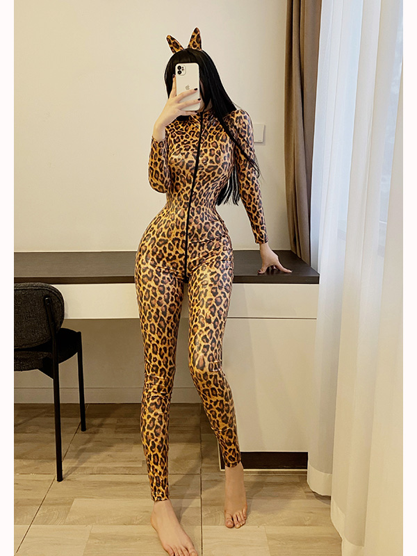 Women Sexy Vinyl Leopard Long Sleeve Jumpsuit Lingerie