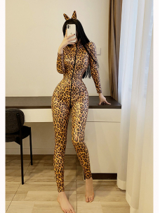 Women Sexy Vinyl Leopard Long Sleeve Jumpsuit Lingerie