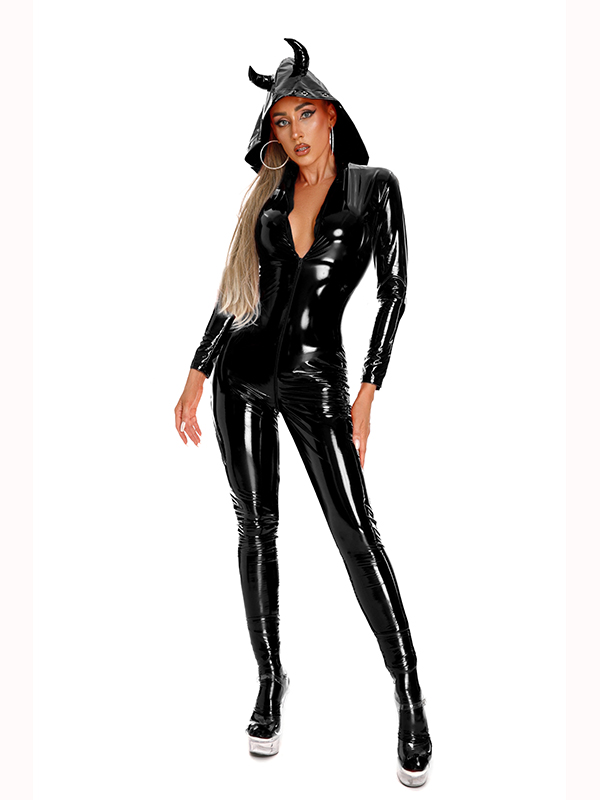 Women Vinyl Sexy  Zipper Jumpsuit Lingerie