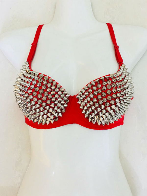 Women Red Sexy Rivet Bra Set