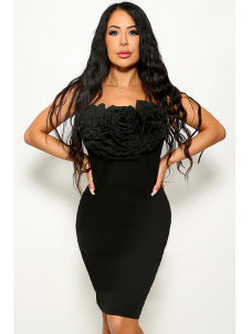 Women Fashion Flower Appliques Strapless Bodycon Midi Dress