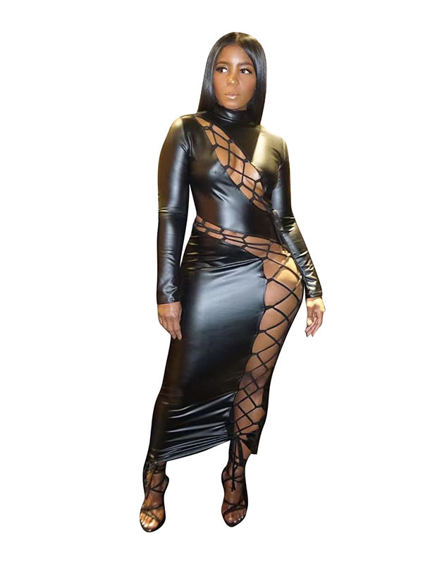 Women Sexy Faux Leather Lace Up Maxi Dress