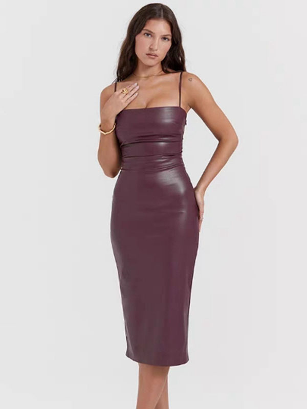 Women Sexy Faux Leather Midi Dress