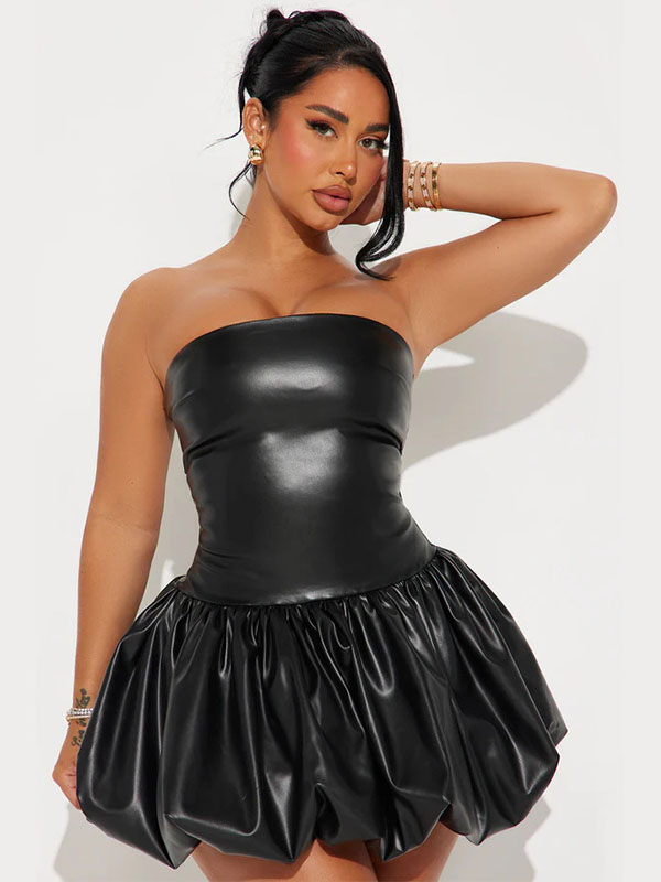 Women Sexy Faux Leather Off Shoulder Mini Dress