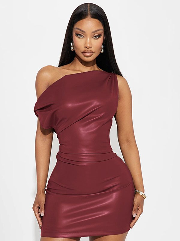 Women Sexy Faux Leather One Shoulder Mini Dress