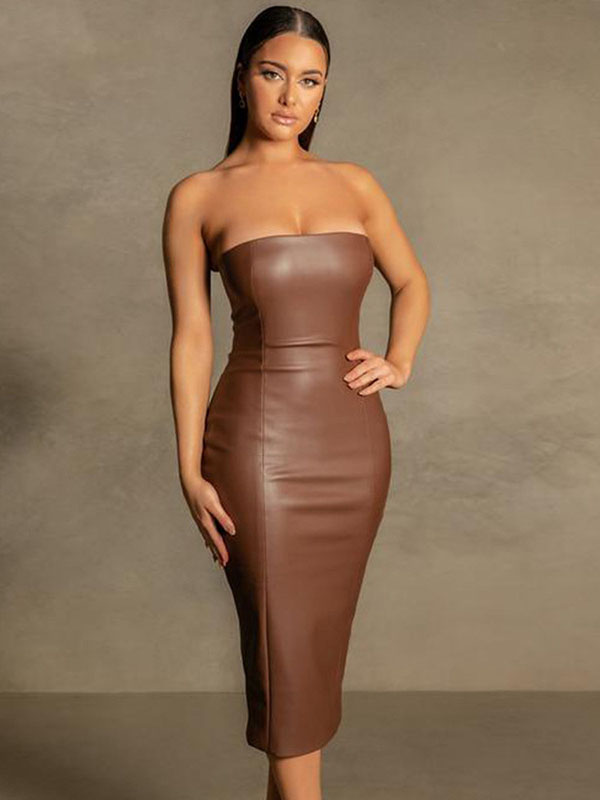 Women Sexy Off Shoulder Faux Leather Midi Dress