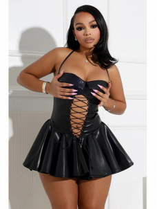 Women Sexy Faux Leather Halter Mini Dress