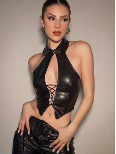 Women Sexy Faux Leather Halter Vest