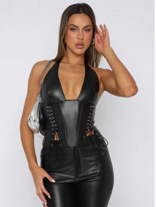 Women Sexy Faux Leather Lace Up Halter Tops