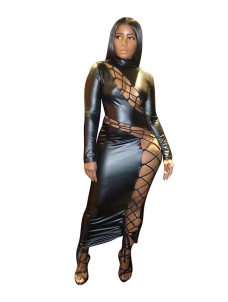 Women Sexy Faux Leather Lace Up Maxi Dress