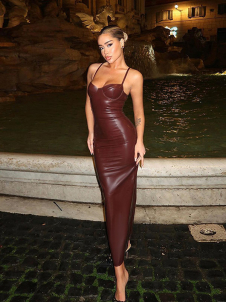 Women Sexy Faux Leather Maxi Dress