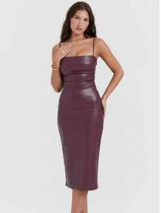 Women Sexy Faux Leather Midi Dress