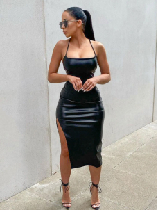 Women Sexy Faux Leather Midi Dress