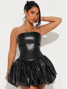 Women Sexy Faux Leather Off Shoulder Mini Dress