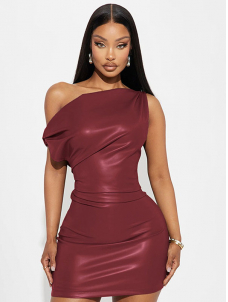 Women Sexy Faux Leather One Shoulder Mini Dress