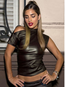 Women Sexy Short Sleeve Faux Leather Tops