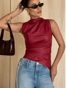 Women Sexy Sleevelesss Faux Leather Tops