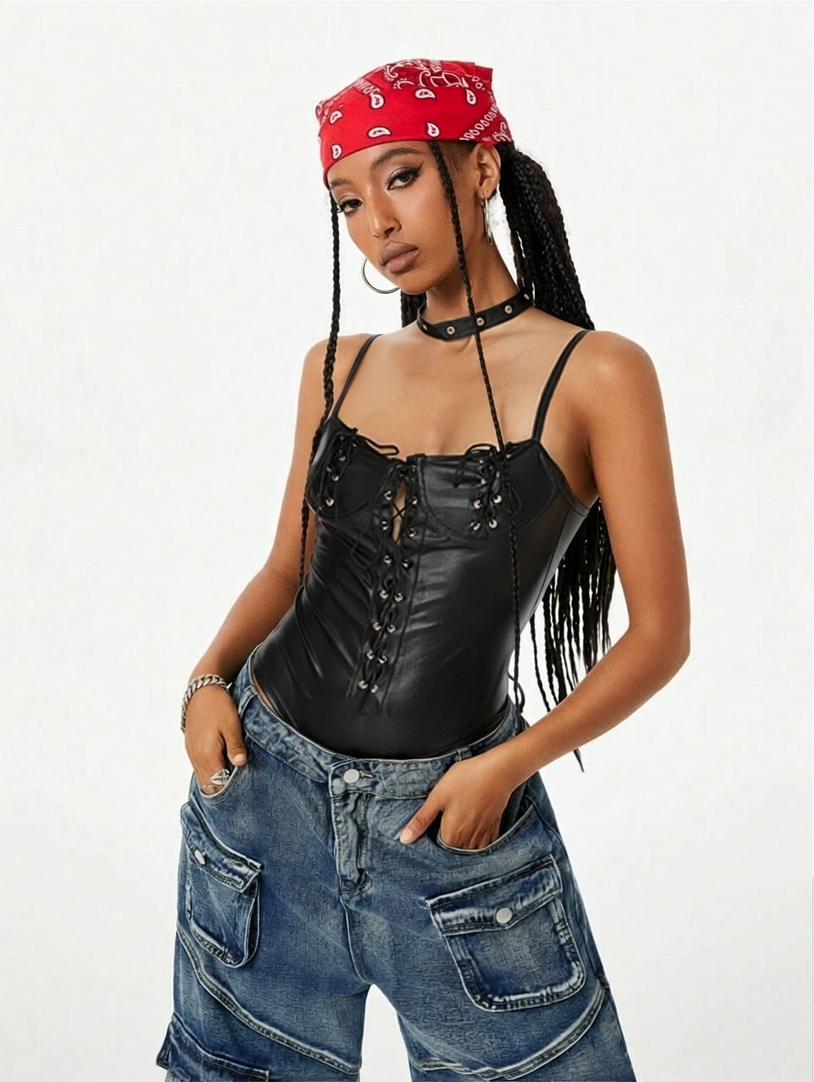 Halter Choker Lace Up Vinyl Teddies Jumpsuit