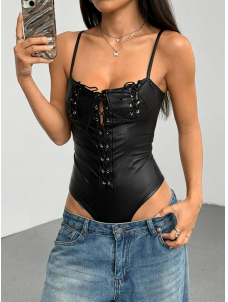 Halter Choker Lace Up Vinyl Teddies Jumpsuit
