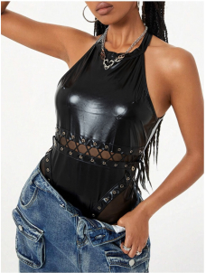Sexy Halter Lace Up Backless Vinyl Bodysuit