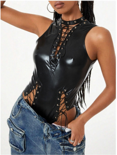 Sexy V-neck Lace Up Leather Teddies Jumpsuit