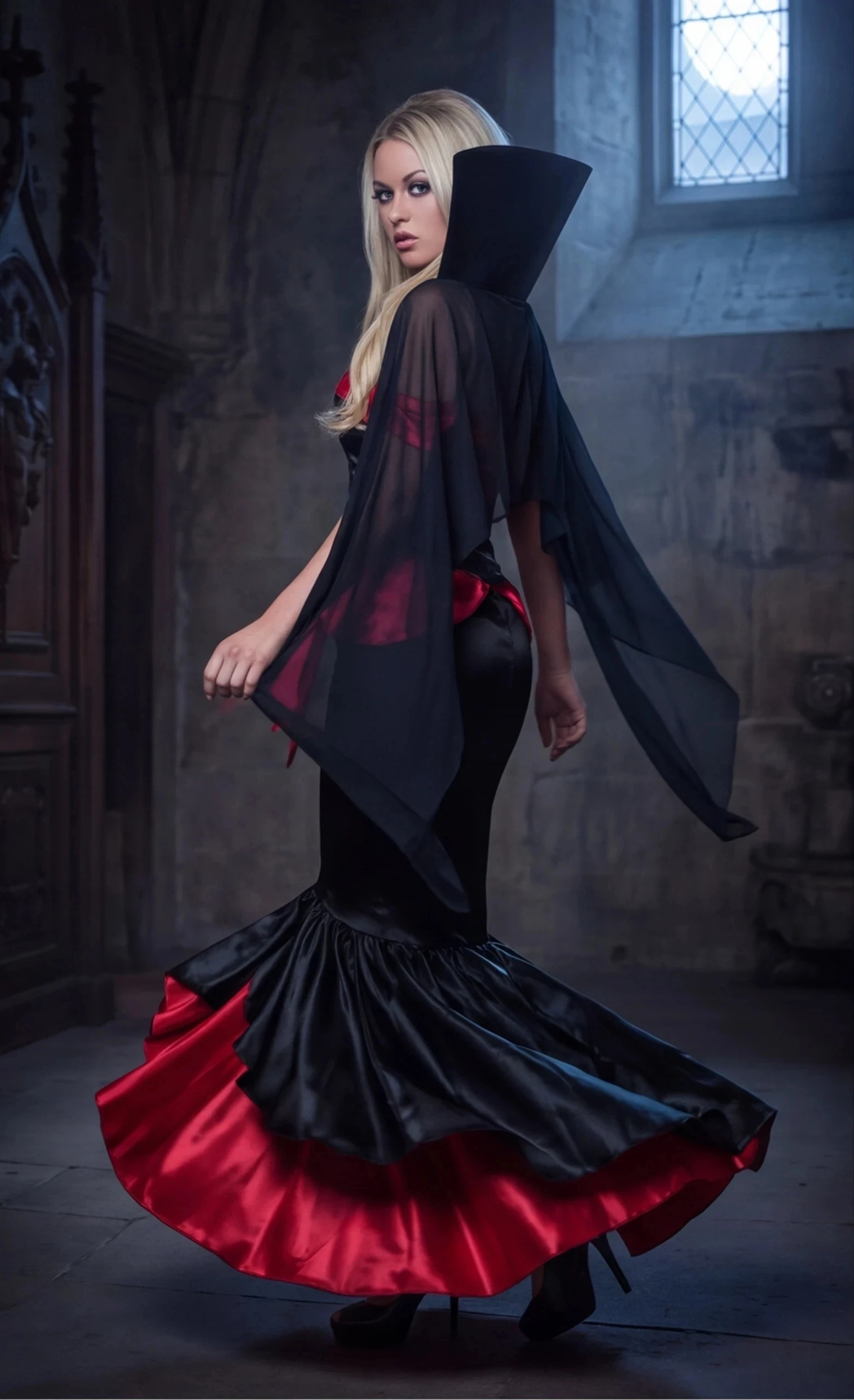 Vampire Costume Gothic Long Dress with Cape Corset and Red Lace Up