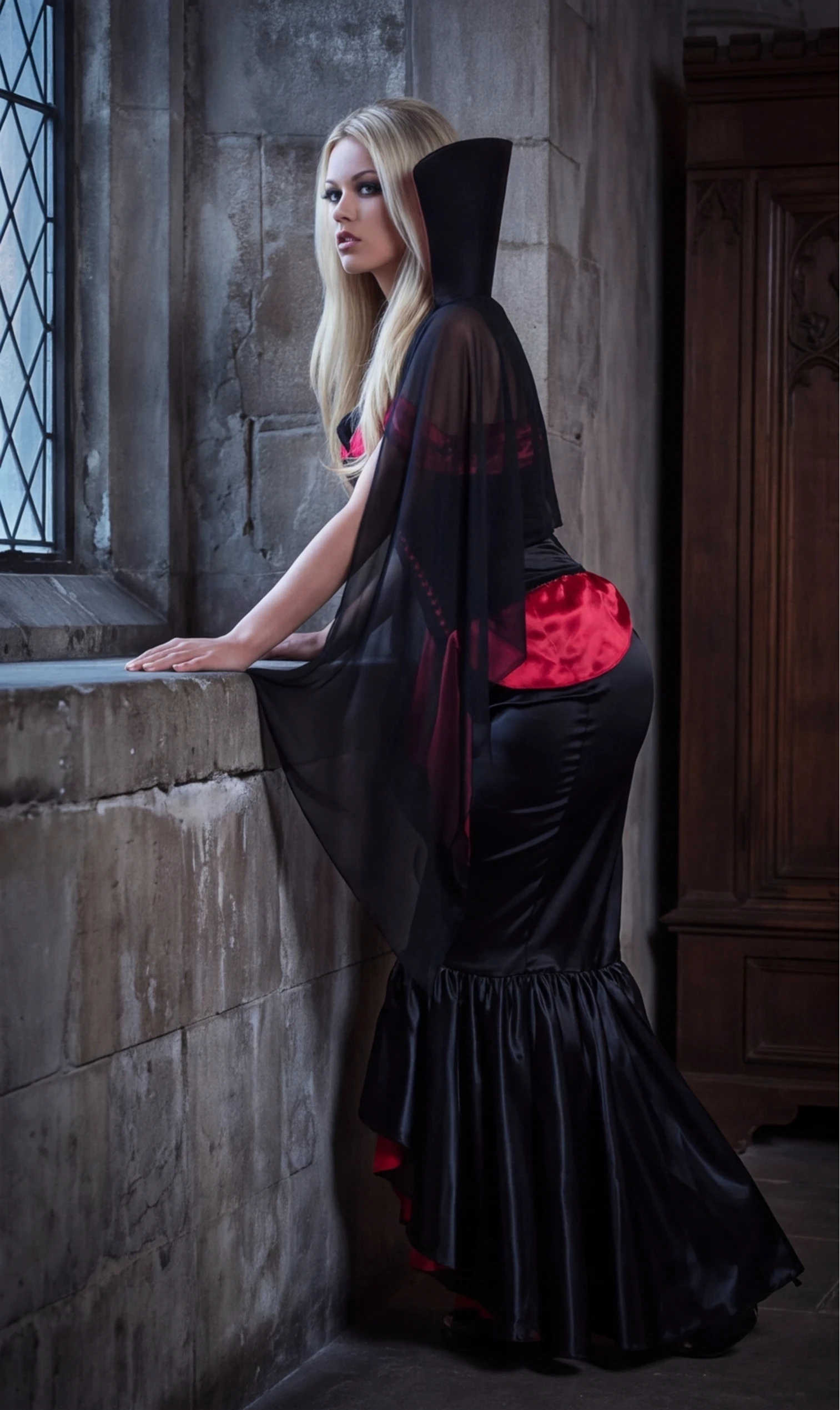 Vampire Costume Gothic Long Dress with Cape Corset and Red Lace Up