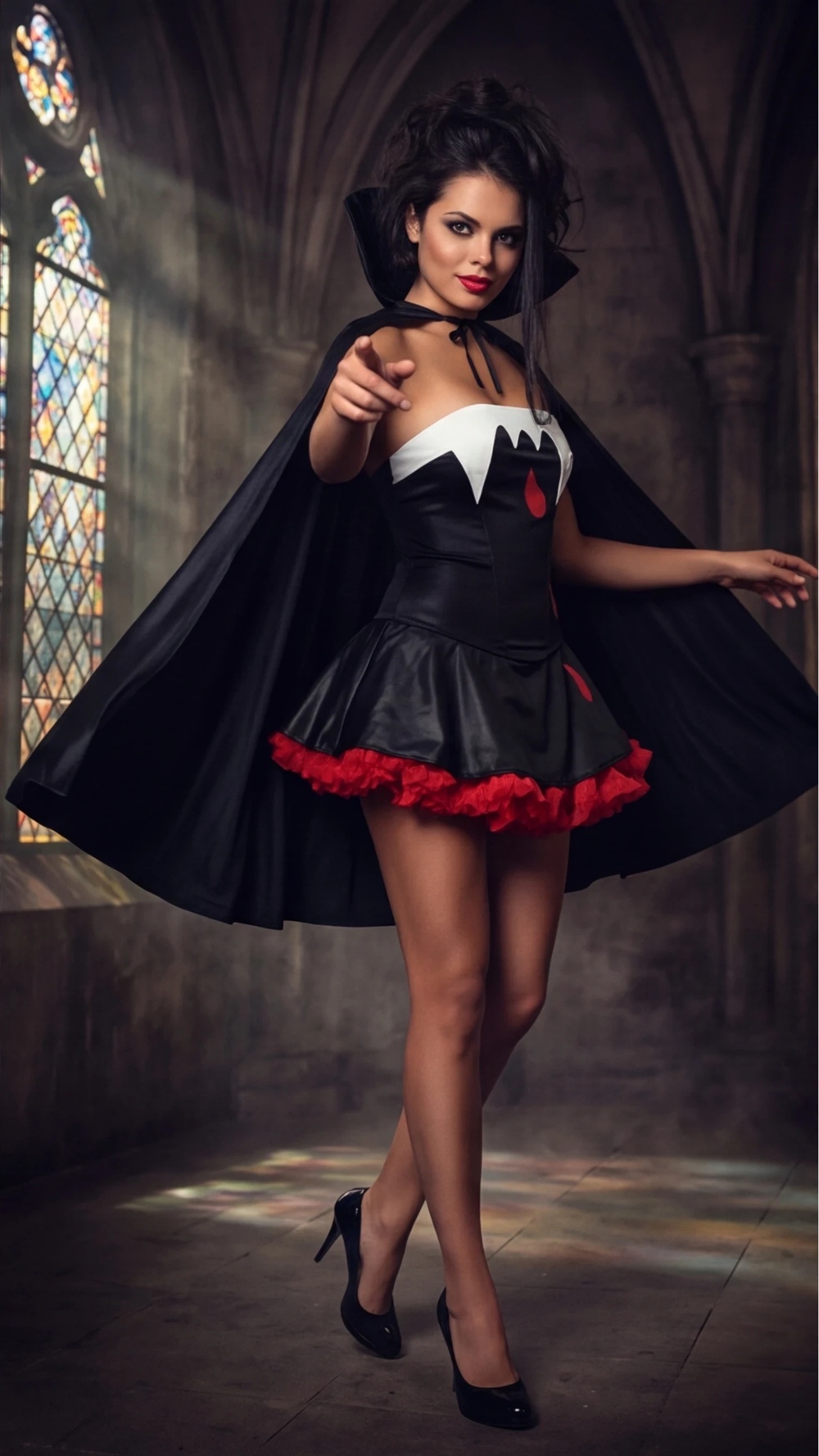 Vampire Costume Halloween Cosplay Outfit Black Mini Dress with Cape