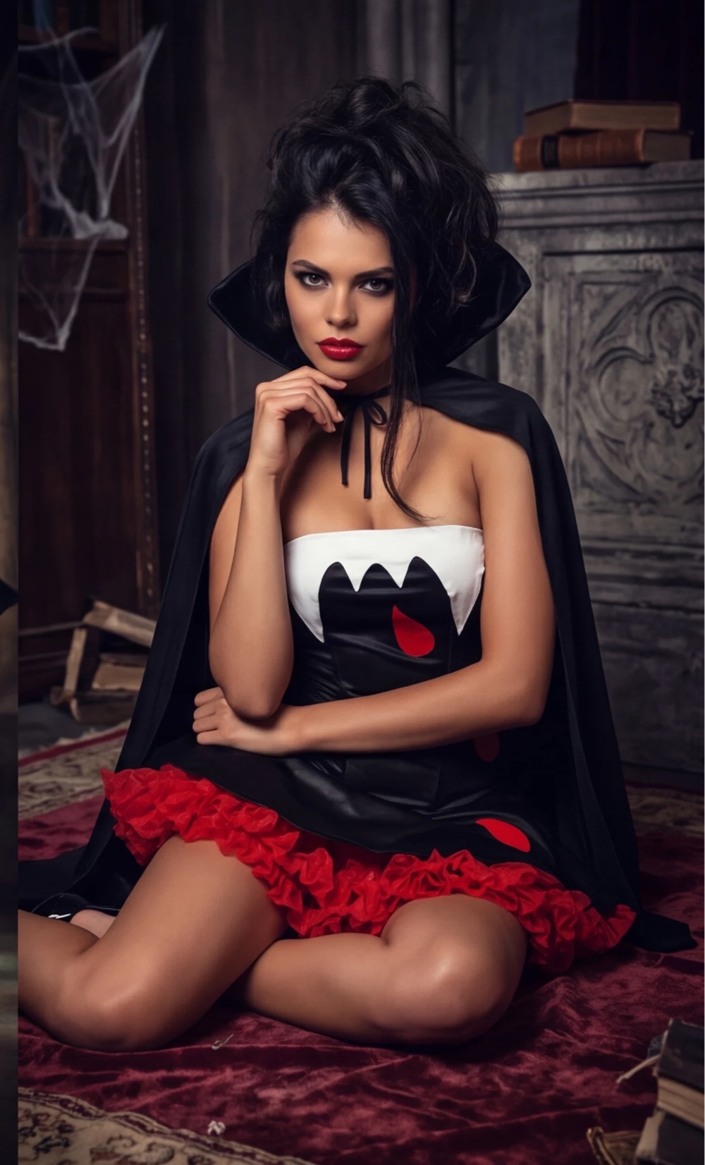 Vampire Costume Halloween Cosplay Outfit Black Mini Dress with Cape