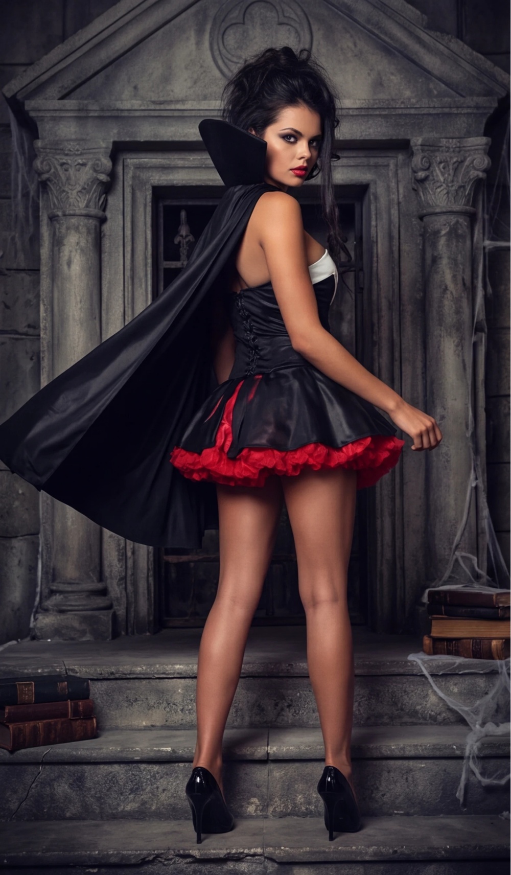 Vampire Costume Halloween Cosplay Outfit Black Mini Dress with Cape