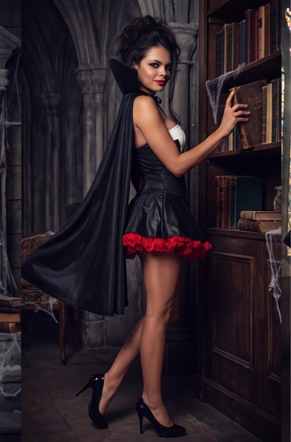 Vampire Costume Halloween Cosplay Outfit Black Mini Dress with Cape
