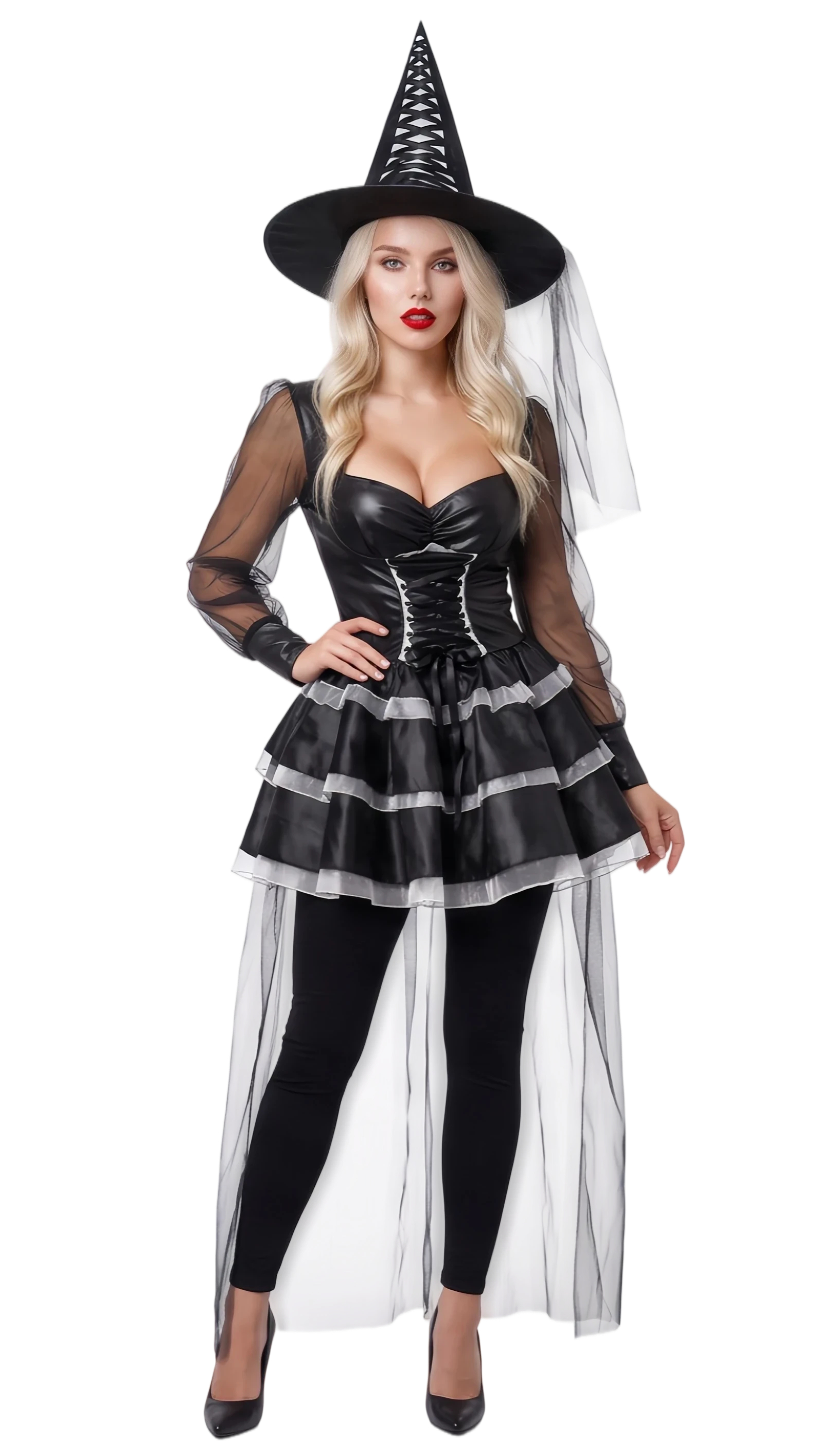 Womens Black Witch Costume Set Halloween Party Dress with Hat Veil and Cape