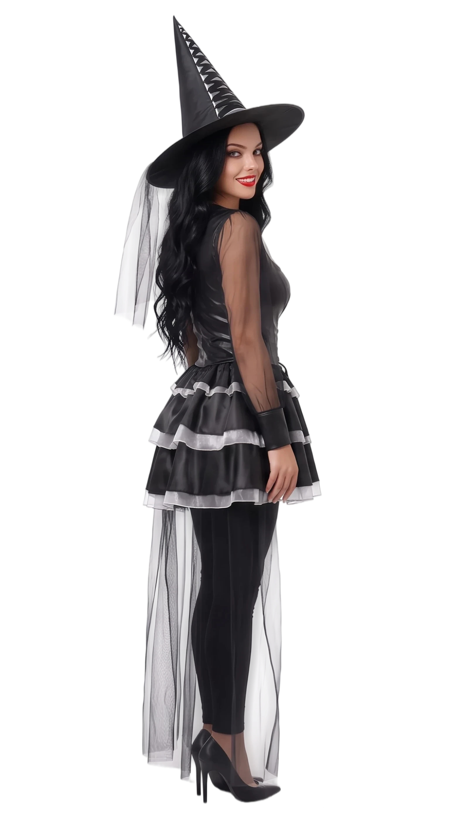 Womens Black Witch Costume Set Halloween Party Dress with Hat Veil and Cape