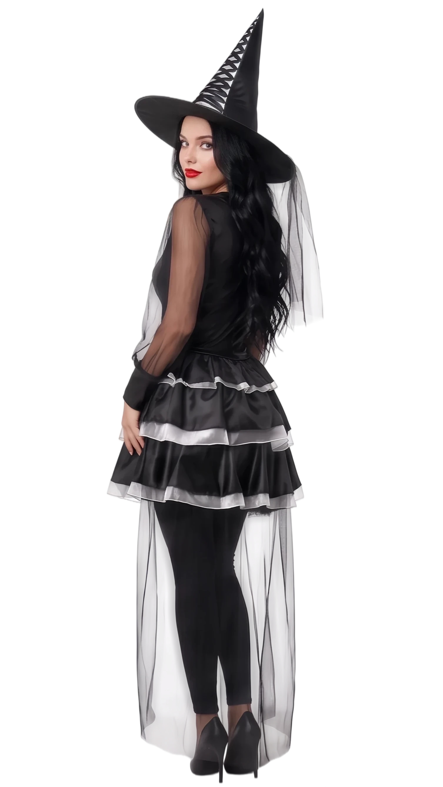 Womens Black Witch Costume Set Halloween Party Dress with Hat Veil and Cape