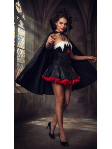 Vampire Costume Halloween Cosplay Outfit Black Mini Dress with Cape