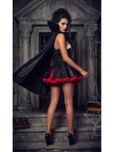 Vampire Costume Halloween Cosplay Outfit Black Mini Dress with Cape