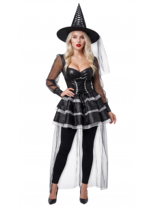 Womens Black Witch Costume Set Halloween Party Dress with Hat Veil and Cape