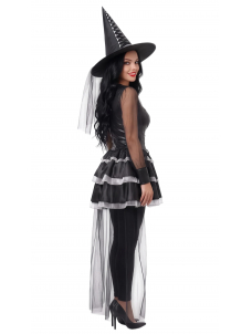 Womens Black Witch Costume Set Halloween Party Dress with Hat Veil and Cape
