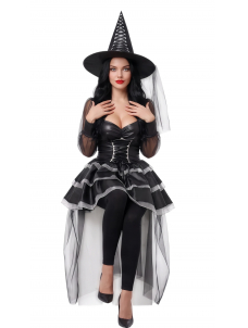 Womens Black Witch Costume Set Halloween Party Dress with Hat Veil and Cape