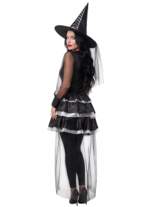 Womens Black Witch Costume Set Halloween Party Dress with Hat Veil and Cape
