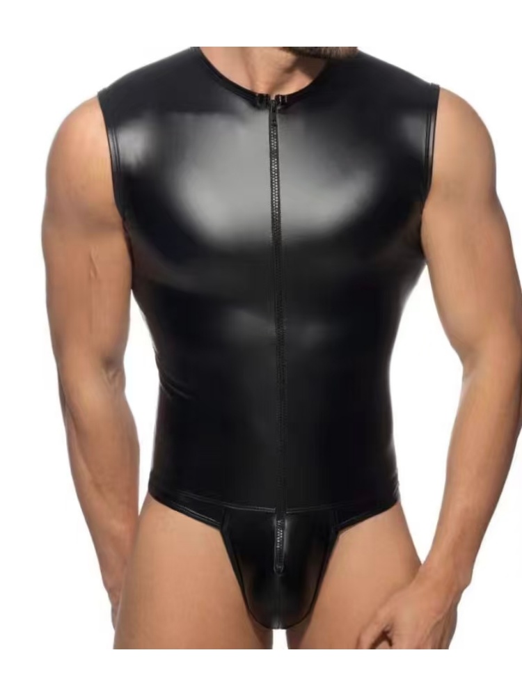 Men Faux Leather Sleeveless Zipper Bodysuit