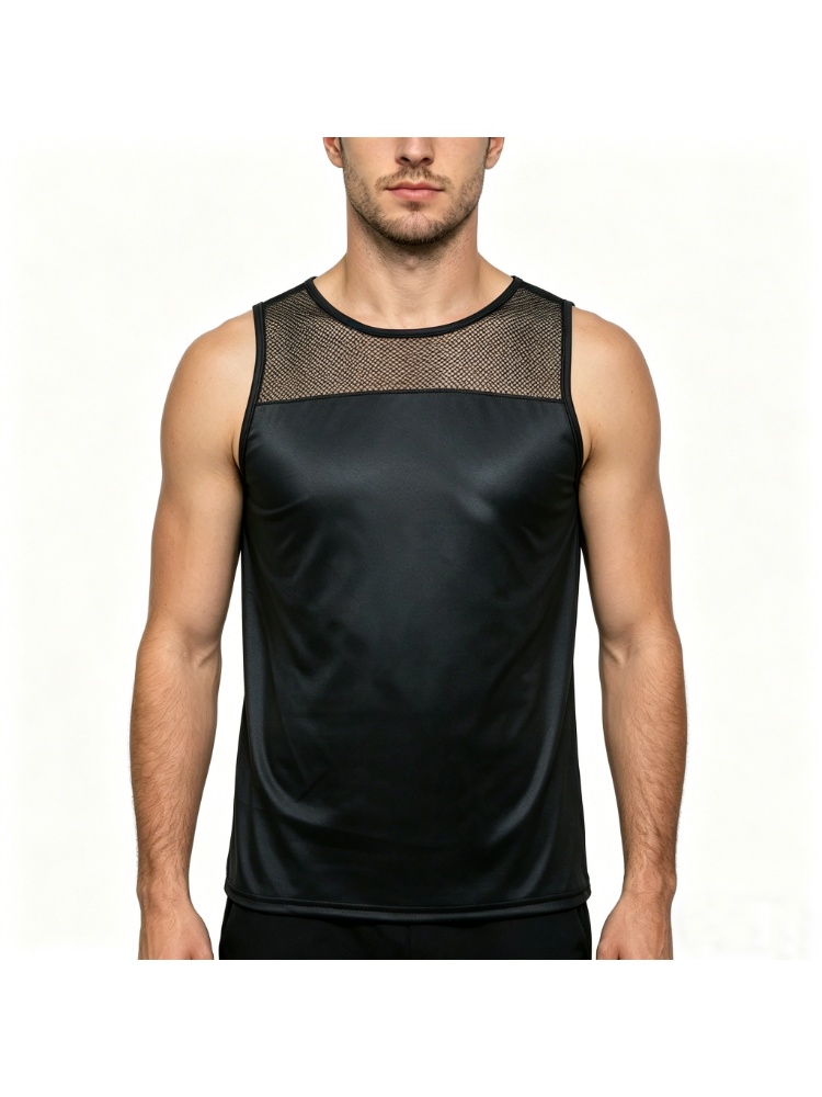 Men Mesh Splice Faux Leathen Tank Top