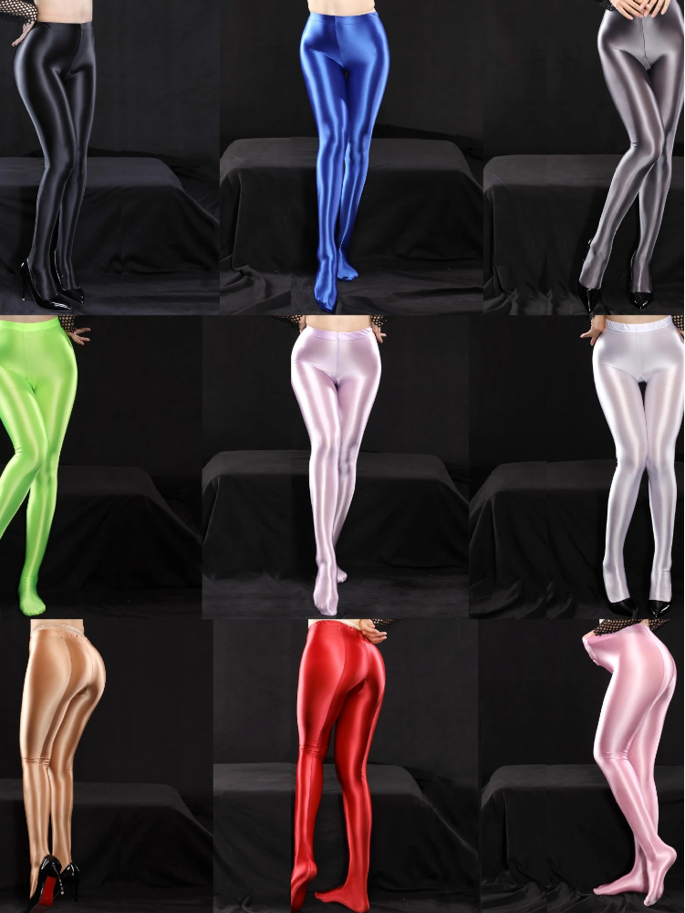 Women Glossy Shiny Footed Leggings High Waist Stretch 