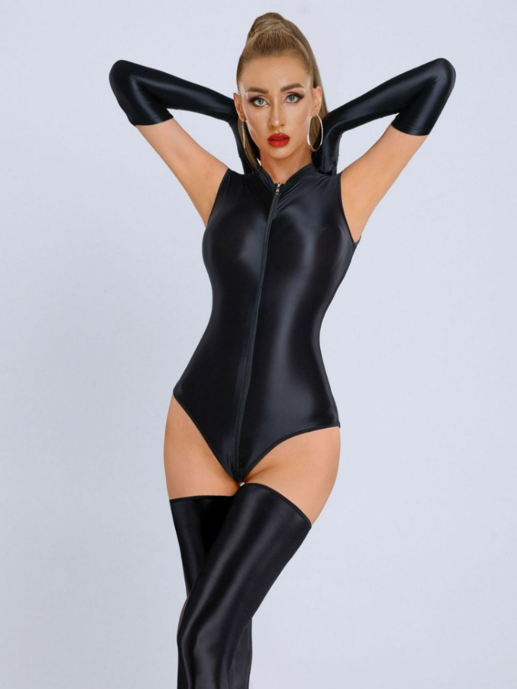 Women Glossy Sleeveless Front Zipper Bodysuit