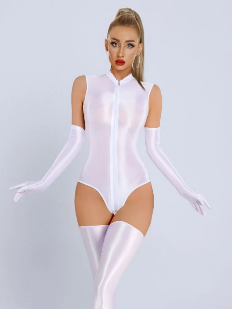 Women Glossy Sleeveless Front Zipper Bodysuit