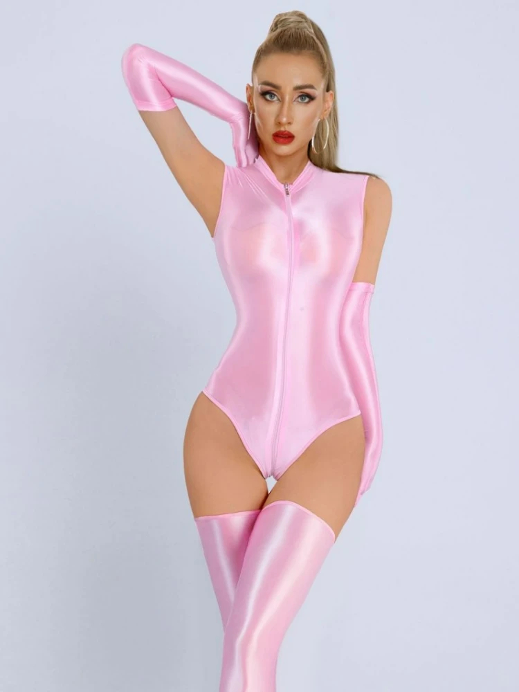 Women Glossy Sleeveless Front Zipper Bodysuit