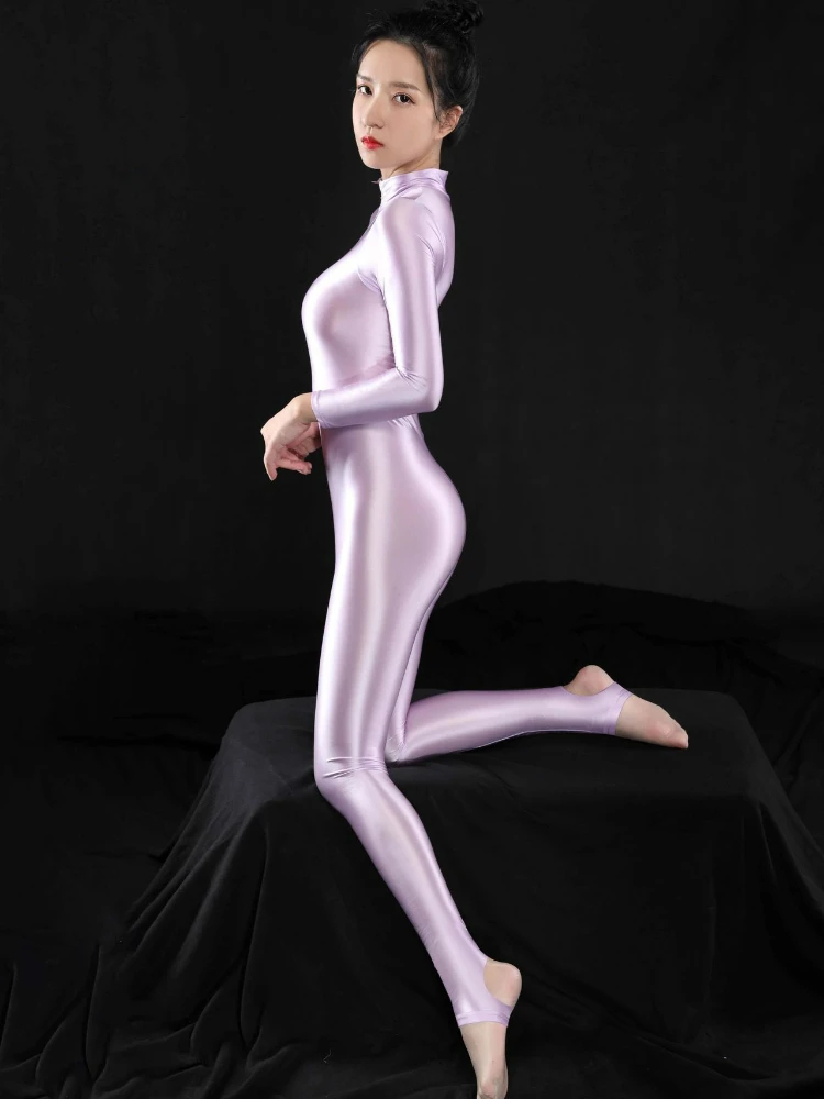 Women Shiny Zipper Catsuit Long Sleeve High Neck Tigh Bodysuit