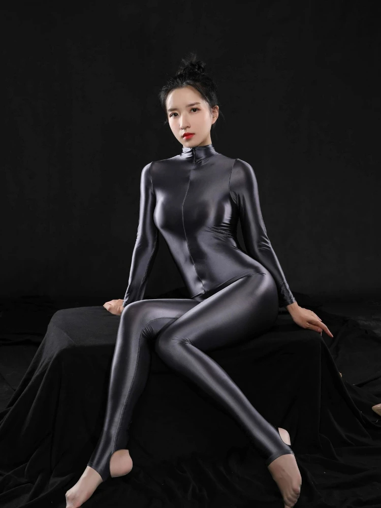 Women Shiny Zipper Catsuit Long Sleeve High Neck Tigh Bodysuit