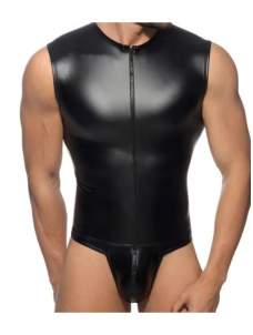 Men Faux Leather Sleeveless Zipper Bodysuit