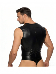 Men Faux Leather Sleeveless Zipper Bodysuit